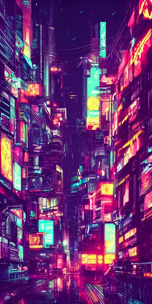 Prompt: Cyberpunk city, night, neon signs, rain, silhouettes, trending on ArtStation