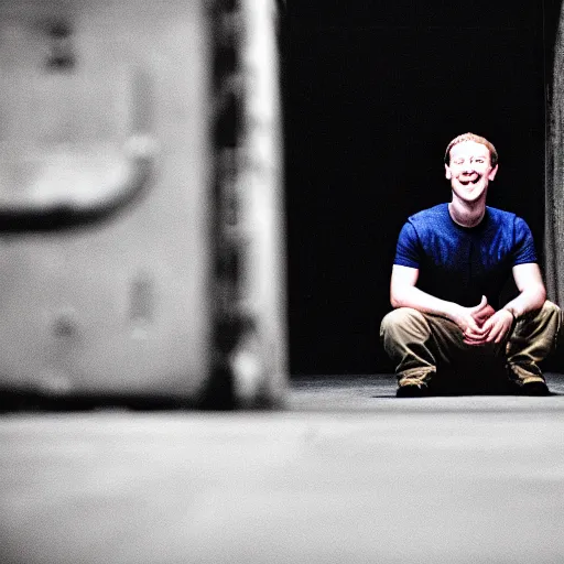 Image similar to mark zuckerberg with lizard eyes, smiling, sitting in underground military base, photo, 3 5 mm