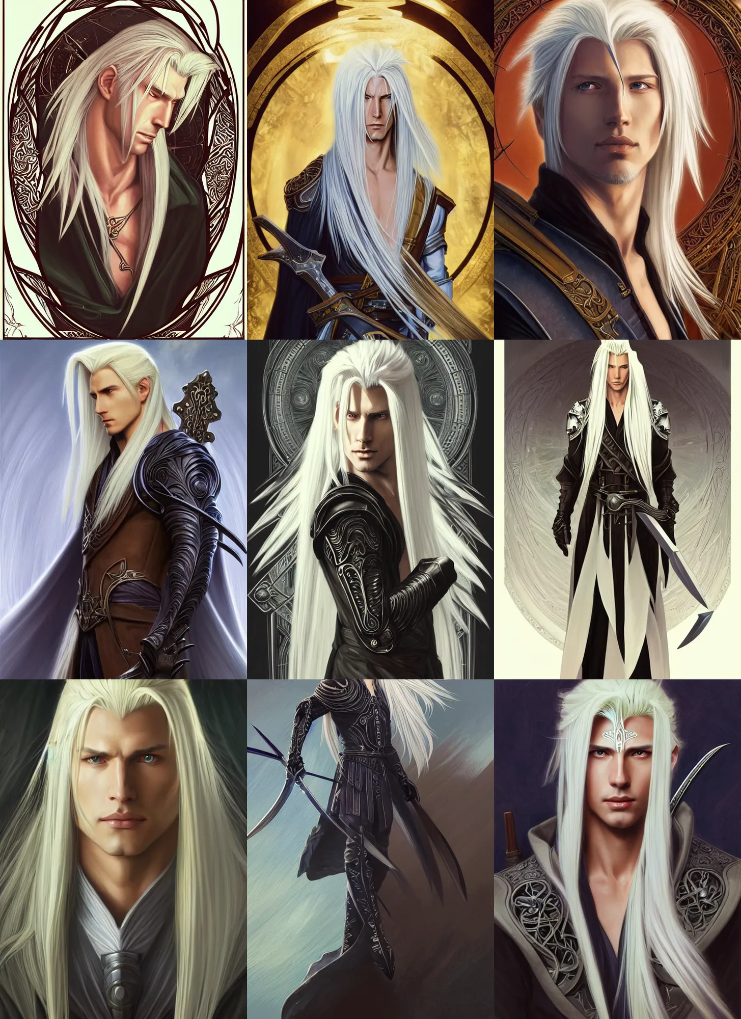 Prompt: centered portrait, Sephiroth as a male D&D Ranger, blonde hair, Art Nouveau, beautiful retro Fantasy heroine 1985, intricate, elegant, highly detailed, centered, digital painting, trending on artstation, concept art, smooth, sharp focus, illustration, art by raphael lacoste, eddie mendoza, Mucha, alex ross, WLOP