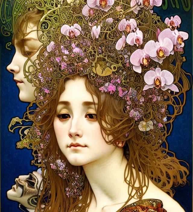 Prompt: realistic detailed face of the beautiful goddess of orchids with a giant tiger head headdress by alphonse mucha, ayami kojima, amano, greg hildebrandt, mark brooks, and ernst haeckel, golden ratio, art nouveau, neo - gothic, gothic, neoclassical,