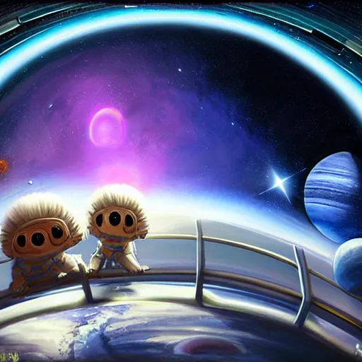 Image similar to cute fluffy aliens on space station balcony watching ringed planet rising over the horizon with dark galaxy nebula background 4 k luminescent detailed oil painting