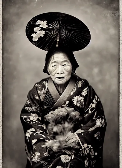 Image similar to a wet plate portrait of a old asiatic woman, geisha, traditional dress, flowers, photorealistic, cinematic light, highly detailed, smooth, sharp focus, illustration, shallow depth of field