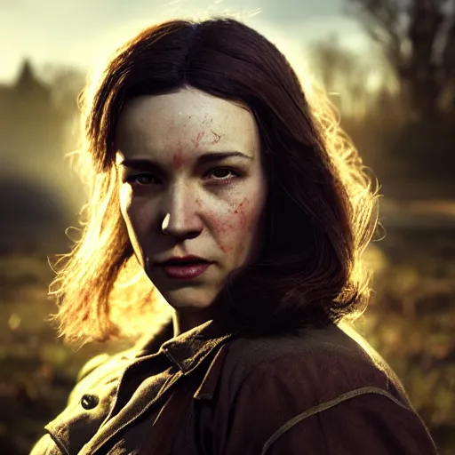 Prompt: fallout 5, charismatic brunette female protagonist, portrait, outdoors scene, somewhere in a low density rural town, atmospheric lighting, painted, intricate, volumetric lighting, beautiful, daytime, sunny weather, slight overcast, sharp focus, deep colours, ultra detailed, by leesha hannigan, ross tran, thierry doizon, kai carpenter, ignacio fernandez rios