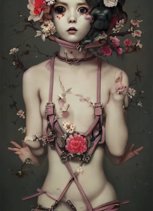 Image similar to pop surrealism, lowbrow art, realistic cute girl painting, body harness, japanese shibari with flowers, hyper realism, muted colours, rococo, natalie shau, tom bagshaw, trevor brown style,