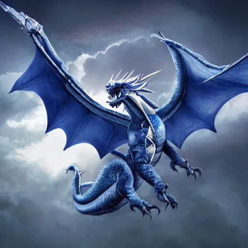 Prompt: blue and white dragon soars over sunlit clouds, photorealistic