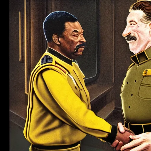 Image similar to a hyper realistic ultra realistic photograph of stalin shaking hands with Geordi La Forge, highly detailed, 8k photograph