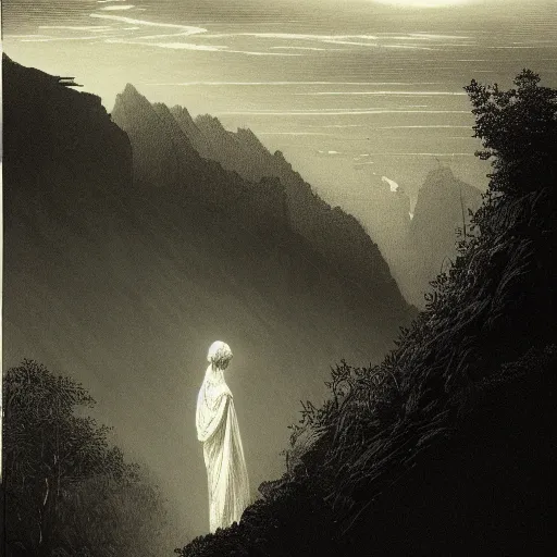 Image similar to A lonely woman, distant city, forest, cliff, gorgeous view, dramatic light, high contrast, illustration by Gustave Doré