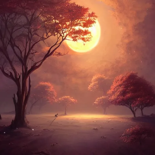 Prompt: Tree filled surface of the moon, intricate, elegant, fantasy, highly detailed, digital painting, concept art, sharp focus, illustration, beautiful volumetric lighting, epic light, artstation, magic hour lighting, colorful, sunshine, springtime, art by Sylvain Sarrailh