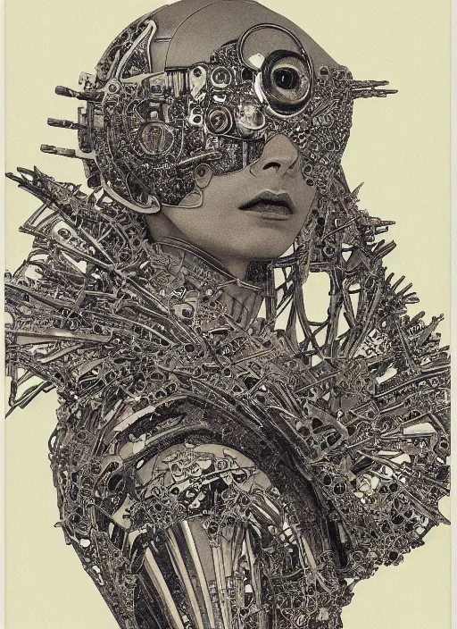 Prompt: 2 d illustration, grained risograph, old wetplate portrait of a futuristic silver armored geisha district 9 cyborg, parallax, fractal, intricate, elegant, highly detailed, subsurface scattering, by jheronimus bosch and moebius louis jacques mande daguerre and szukalski