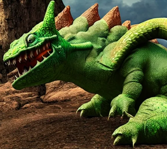 Image similar to yoshi in monster hunter, green dinosaur dragon