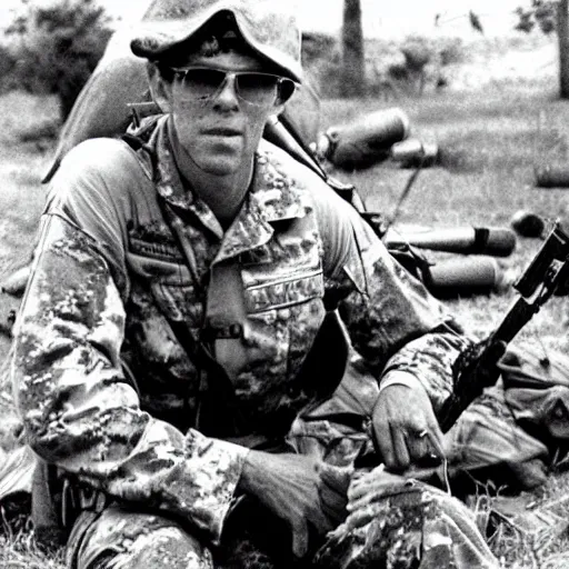 Image similar to vintage photograph of hunter s. thompson as a us soldier in the vietnam war, very detailed, very intricate,