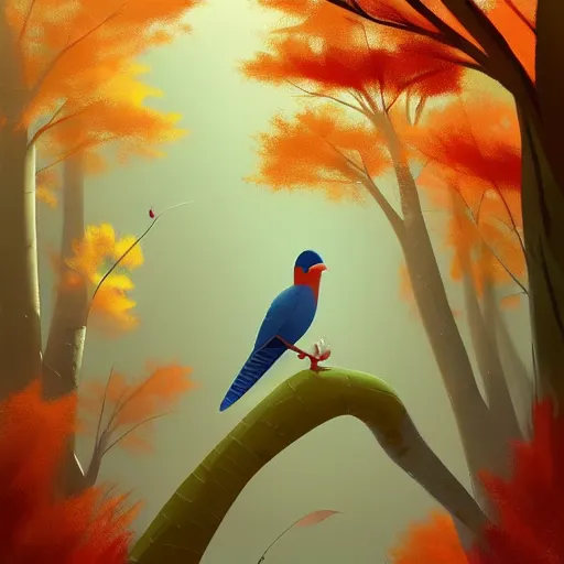 Image similar to goro fujita ilustration a beautiful bird with open wings and feathers flying over a forest full of autumn trees, painting by goro fujita, sharp focus, highly detailed, artstation