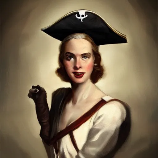 Prompt: smiling, teasing, beautiful, intelligent female pirate captain 2 8 years old, 1 9 4 0 s haircut, fully clothed, wise, beautiful, 1 7 5 0 s oil painting, dramatic lighting, trending on artstation, sharp focus