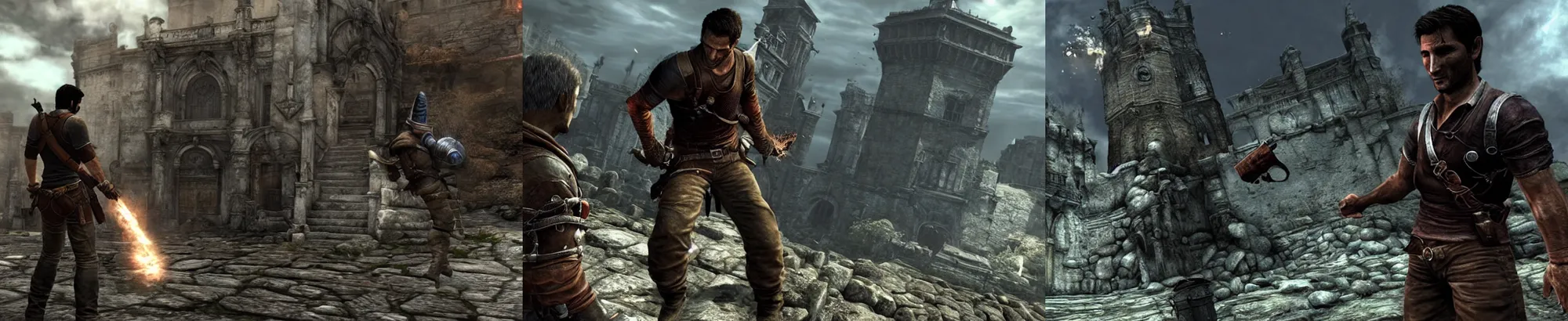 Prompt: nathan drake in dark souls level, dark souls boss fight