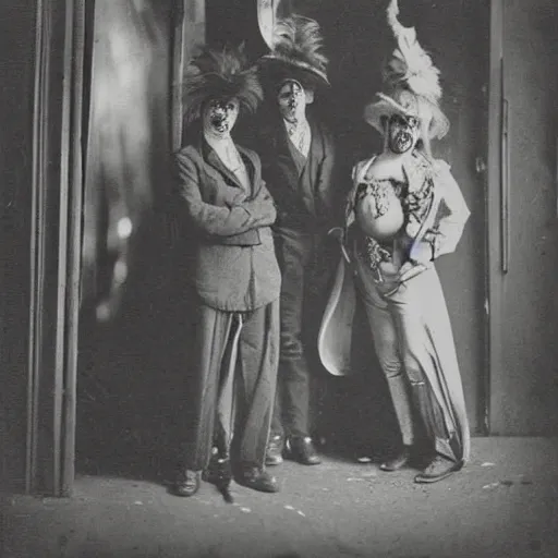 Prompt: portrait of side show clowns, photograph, style of atget, 1 9 1 0, creepy, dark