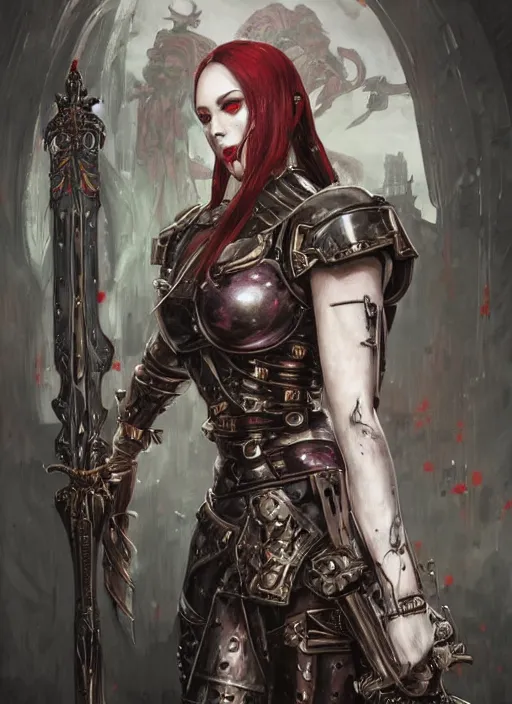 Prompt: portrait of beautiful pale gothic muscular cyber warrior girl with sword, covered in blood, warhammer 40000, cyberpunk, intricate, elegant, highly detailed, digital painting, artstation, concept art, smooth, sharp focus, illustration, art by artgerm and greg rutkowski and alphonse mucha and Gustav Klimt and Ilya Kuvshinov