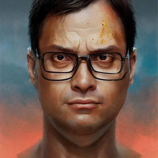 Image similar to hyper realistic, portrait of dwight shrute, ethnicity : samoan, painted by greg rutkowski, wlop, loish,