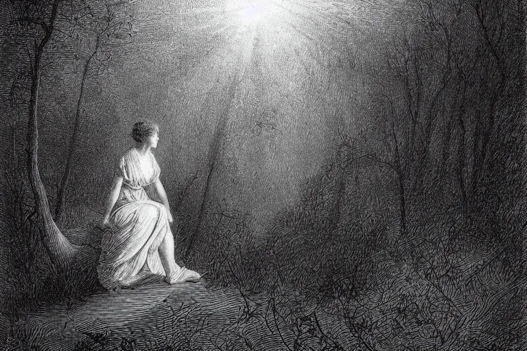 Prompt: black and white, young french woman illuminated by a beam of light through detailed clouds, forest in background, Gustave Dore lithography