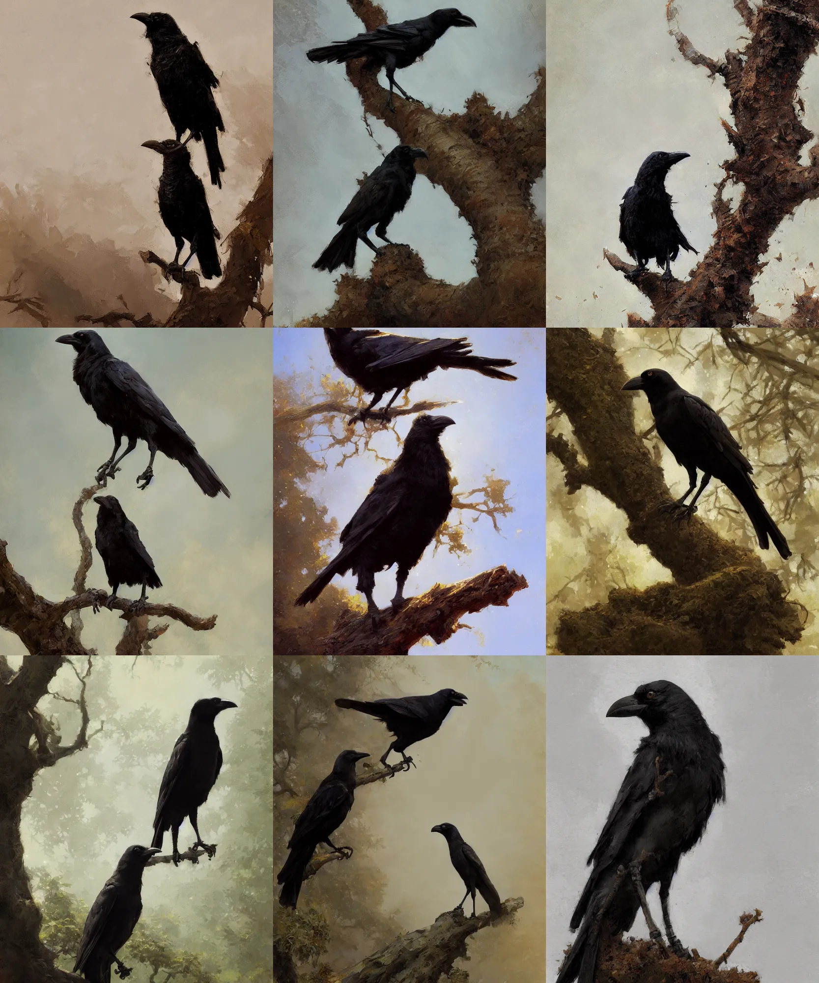 Prompt: low angle view digital art painting of a crow standing on a tree branch painted by craig mullins and gaston bussiere and greg rutkowski, symmetrical face, defined facial features, symmetrical facial features, dramatic lighting