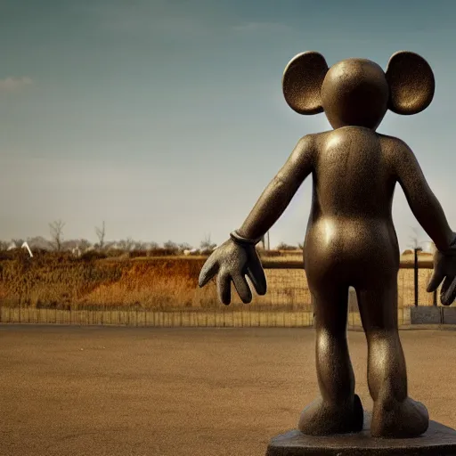 Prompt: Statue of a humanoid Mickey Mouse, photorealistic, film still, desolate