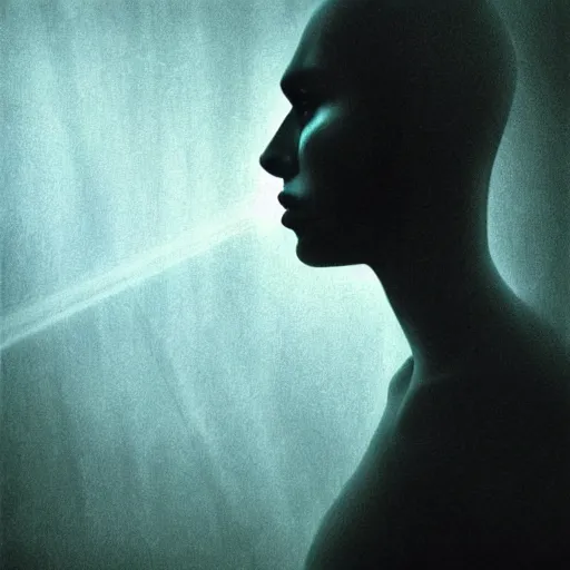 Prompt: dark expressive portrait of the digitally glitched soul, dramatic lighting, lonely, god rays, edges, universal background, facial expression, chiaroscuro, atmospheric lighting, motion design, by Beksinski, maze, sharp focus, deviantart, irridescent, intense knowledge