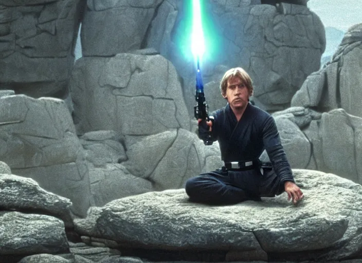 Image similar to screenshot of Luke Skywalker, played by Mark Hammill, sitting down surrounded by rocks hovering in mid-air, outside on the rocky jedi temple, iconic scene from the force awakens, 1980s film directed by Stanley Kubrick, great portrait of Mark Hammill, cinematic lighting, kodak, strange, hyper real, stunning moody cinematography, with anamorphic lenses, crisp, detailed portrait, 4k image