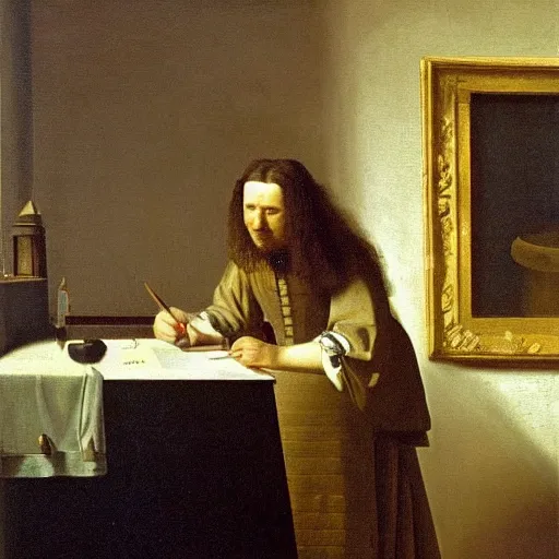 Image similar to An oil painting of Antonie van Leeuwenhoek sat at an escritoire desk with his hand touching a large fossil, there is a window with muntins to his left and a wood closet behind him, in the style of The Astronomer by Vermeer, Dutch Golden Age, Old Masters