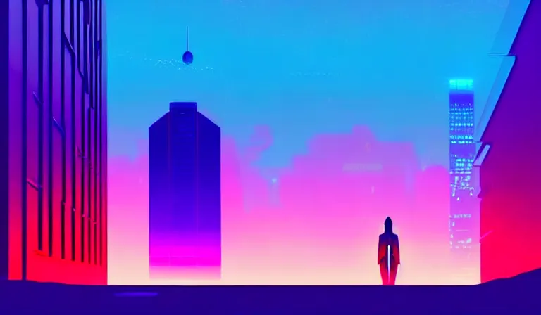 Prompt: a beautiful and immaculate futuristic city. the silhouette of an oversized pint of beer standing in an alleyway. vaporwave ombre rendering. outrun style. trending on artstation. recommended for you behance. by chris moore. by edward hopper. beeple colors.