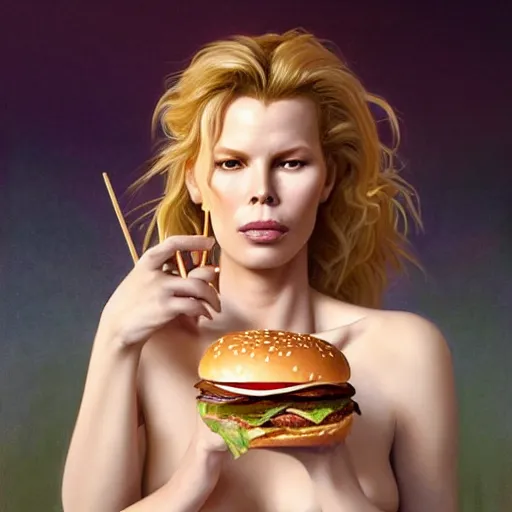 Prompt: portrait of kim basinger eating hamburgers, extra onions and ketchup, luscious patty with sesame seeds, feminine ethereal, handsome, d & d, fantasy, intricate, elegant, highly detailed, digital painting, artstation, concept art, matte, sharp focus, illustration, art by artgerm and greg rutkowski and alphonse mucha