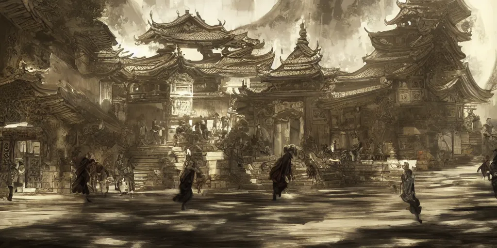 Prompt: vietnamese temple scene, side scroller, 2 d game art background, sharp, detailed, intricate, game level design, cinematic lighting, ultrarealistic, photorealistic, trending on artstation, in the style of yoji shinkawa and greg rutkowski and federico pelat and wlop and karol bak and bouguereau and santiago caruso