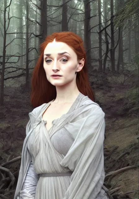 Image similar to portrait of sansa stark in gray dress, foggy forest, autumn, intricate, elegant, highly detailed, digital painting, artstation, concept art, smooth, sharp focus, illustration, art by artgerm and greg rutkowski and alphonse mucha and william - adolphe bouguereau