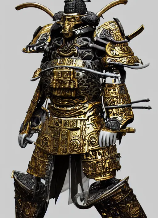 Image similar to hyper realistic glorious ancient samurai in a obsidian metal armor, futuristic design, designed by makoto kobayashi and luca zampriolo, portrait, cyberpunk style, wood and gold details, intricate, extremely detailed, ornate, deep of field, hard surface, exoskeleton, substance designer metal unreal engine. amazing likeness. very detailed.