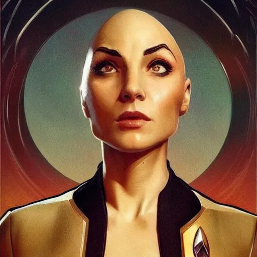 Image similar to a bald serbian!!! young woman as a star trek captain, a still from star trek painted by artgerm and greg rutkowski and alphonse mucha. clear highly detailed face, beautiful sci fi art