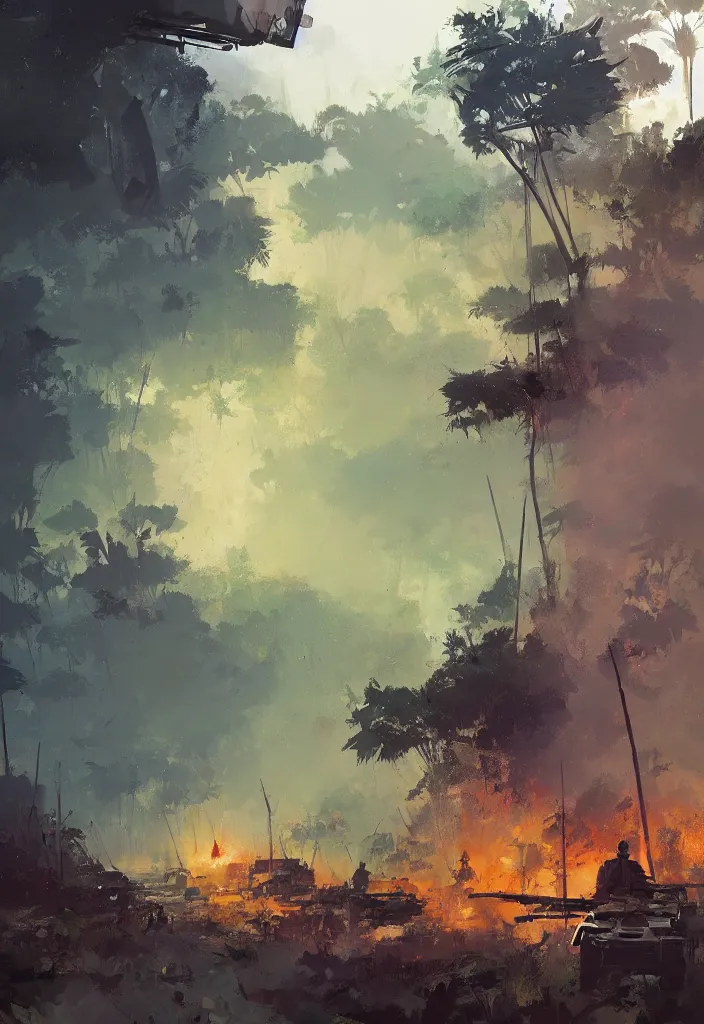 Prompt: ismail inceoglu painting of vietnam war scenary, year 1 9 7 0, jungle, fire smoke and explosions, painting, line art, art concept for a book cover, trending on artstation, by greg manchess and by craig mullins and by kilian eng and by jake parker