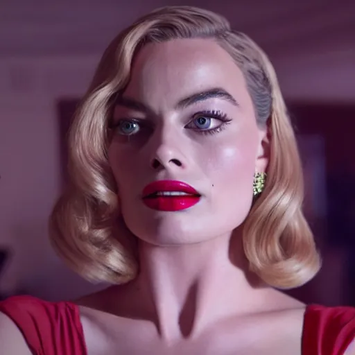 Image similar to Full shot of Margot Robbie as Jessica Rabbit, still from a live action movie, 50mm, f2.8, panavision, cinematography