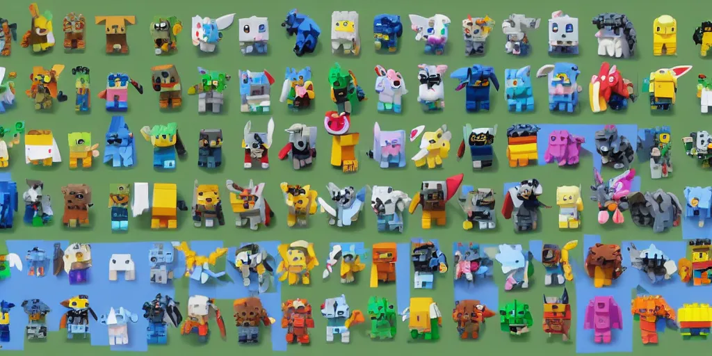 Image similar to small creatures made of a single brick, four legged, quadrupedal, cute looking, kawaii, sharp focus, character sheet, game concept art, blocky, lego mixels, flat toon style like katamari damacy inspired, pokemon inspired, blocky like minecraft