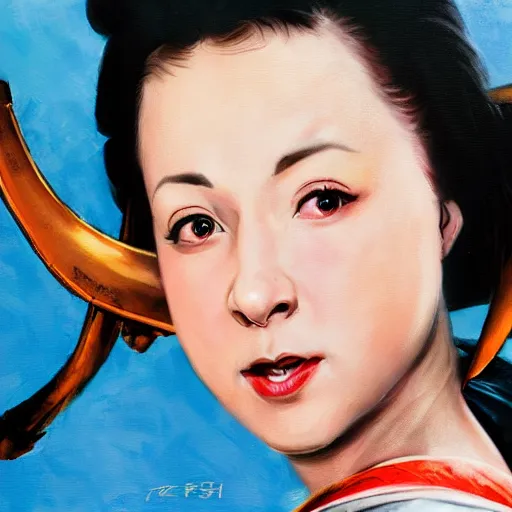 Image similar to ultra realistic kristen schaal as chun li from street fighter, portrait painting by frank frazetta, 4 k, ultra realistic, highly detailed,