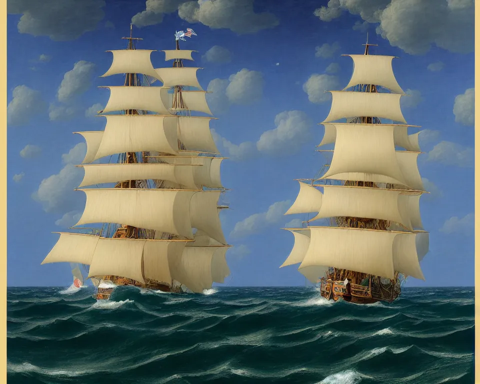 Image similar to an achingly beautiful print of the HMS Bounty sailing on stormy seas by Raphael, Hopper, and Rene Magritte. detailed, romantic, enchanting, trending on artstation.