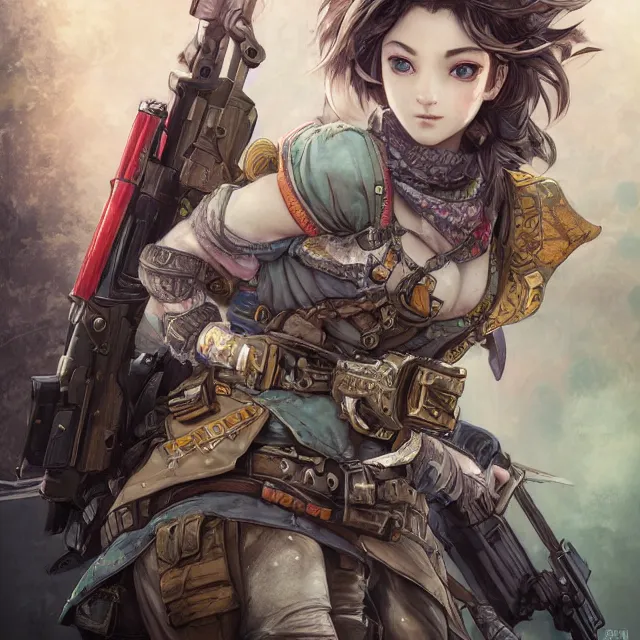 Image similar to the portrait of lawful neutral semi - colorful female infantry gunner as absurdly beautiful, gorgeous, elegant, young gravure idol, an ultrafine hyperdetailed illustration by kim jung gi, irakli nadar, intricate linework, bright colors, octopath traveler, final fantasy, unreal engine 5 highly rendered, global illumination, radiant light, detailed and intricate environment