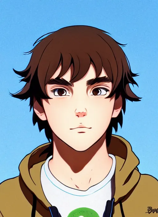 Image similar to teen boy with brown hair and big blue eyes, wearing a black hoodie with cat ears on top of it, natural lighting, path traced, highly detailed, high quality, cartoon, digital painting, by don bluth and ross tran and studio ghibli and alphonse mucha