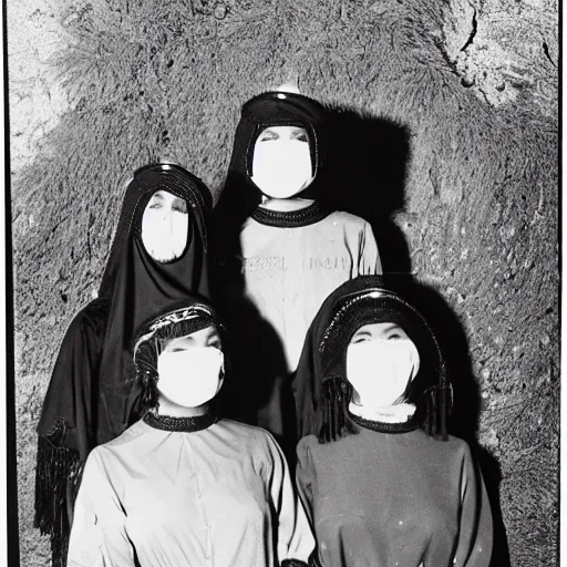 Image similar to vintage photo group portrait of a esoteric cult members in desert, early black and white 8mm, wear red tunics and gold mask and jewels