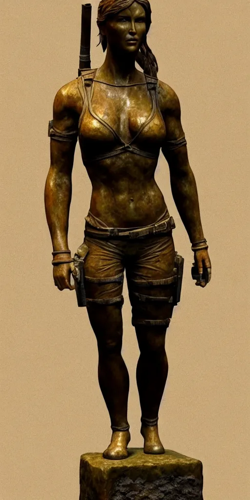 Image similar to detailed photo of an old bronze patina statue of beautiful lara croft, full body portrait, photorealism, intricate detail, museum diffuse lighting