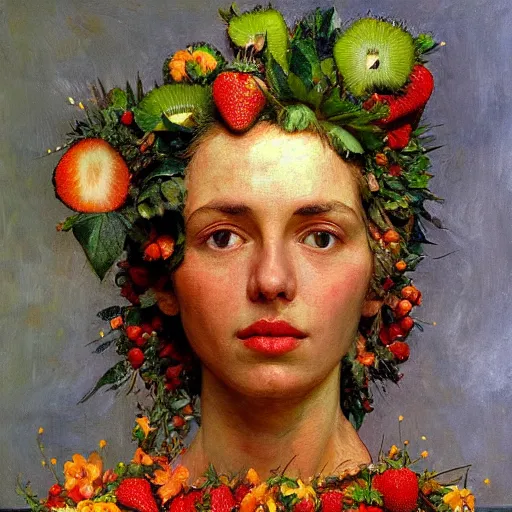 Image similar to a sculpture portrait made of kiwi and strawberries and flowers and plants, painting part by wojciech siudmak, part by ilya repin, part by max ernst, part by norman rockwell, artstation