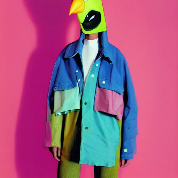 Image similar to model in plastic bird mask wearing baggy colorful 9 0 s jacket by rick owens. magazine ad. pastel brutalist background.