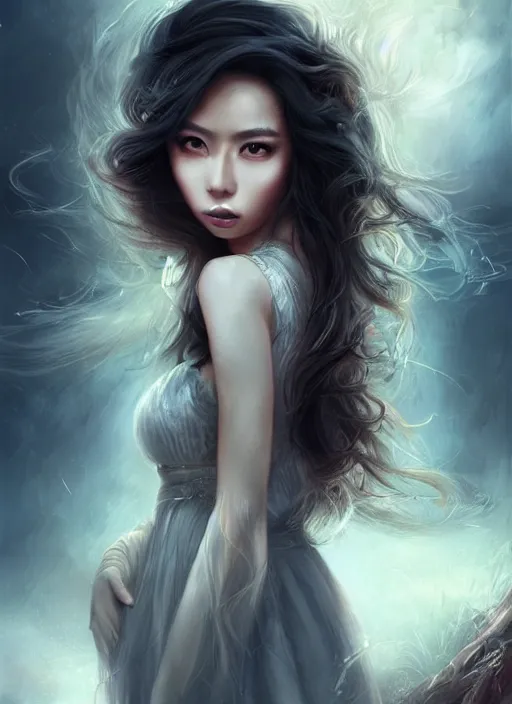 Image similar to a beautiful woman gheisa, 8 k, hyperrealistic, asian hyperdetailed, beautiful face, long hair windy, dark fantasy, fantasy portrait by laura sava