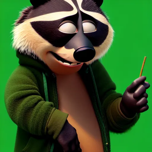 Prompt: a relaxed stoner with a black hoodie on with a marijuana themed dark green raccoon head from pixar, 3 d, blender 3 d, render, extremely detailed, 8 k, detailed fur
