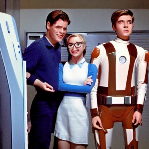 Prompt: Archie Andrews, Betty Cooper and R2-D2 in a futuristic hallway, movie still from Star Wars