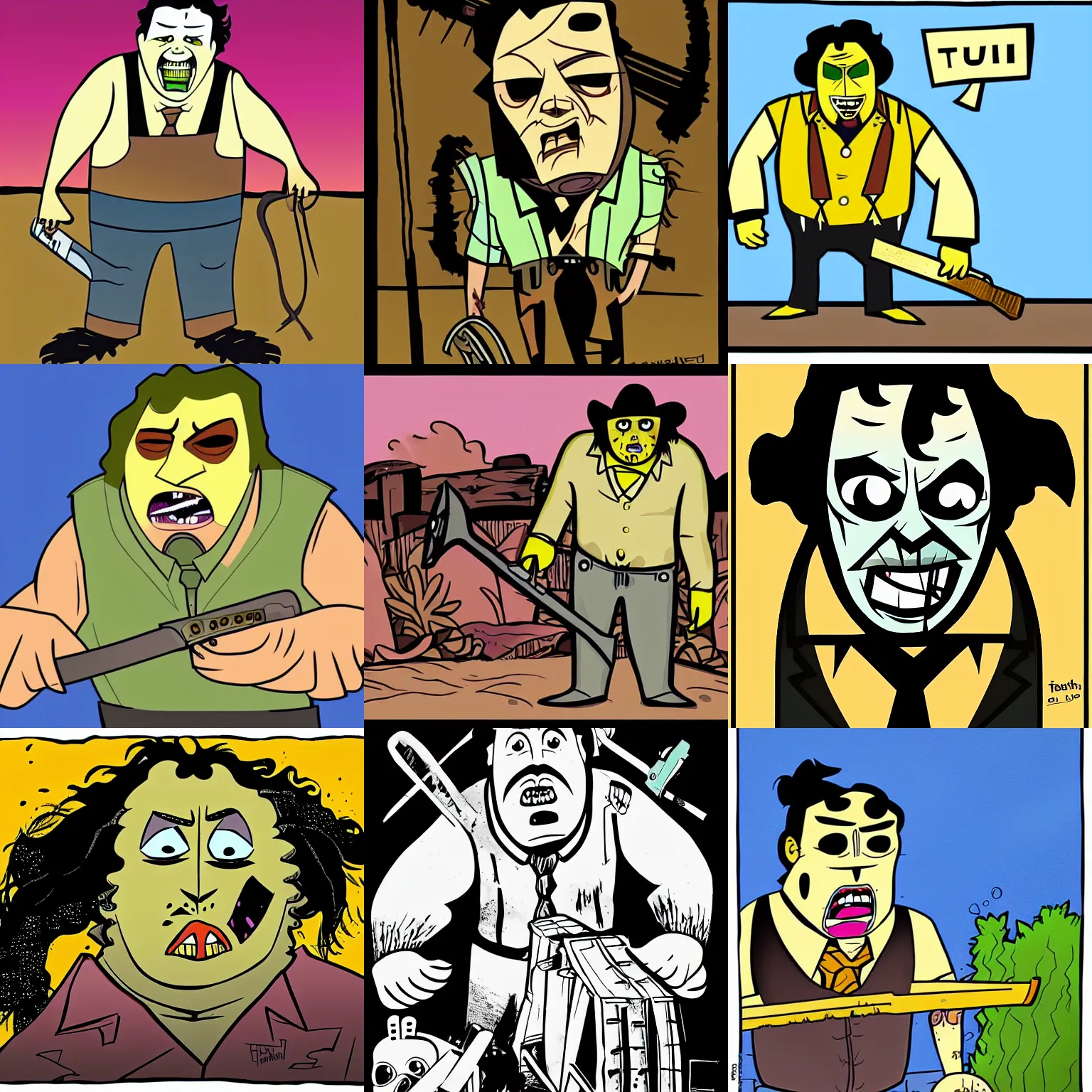 Prompt: leatherface from texas chainsaw massacre, cartoon by genndy tartakovsky, high quality, very detailed,