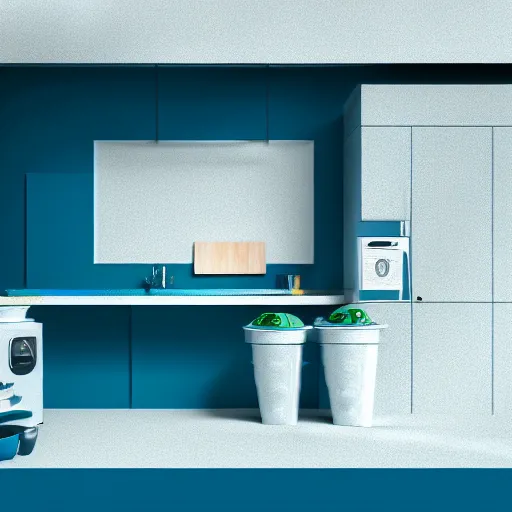 Image similar to isometric minimalistic chubby kitchen with pepe the frog and trashcans, cinema 4 d, 1 0 0 mm, blue color scheme depth of field, octane render, studio lighting