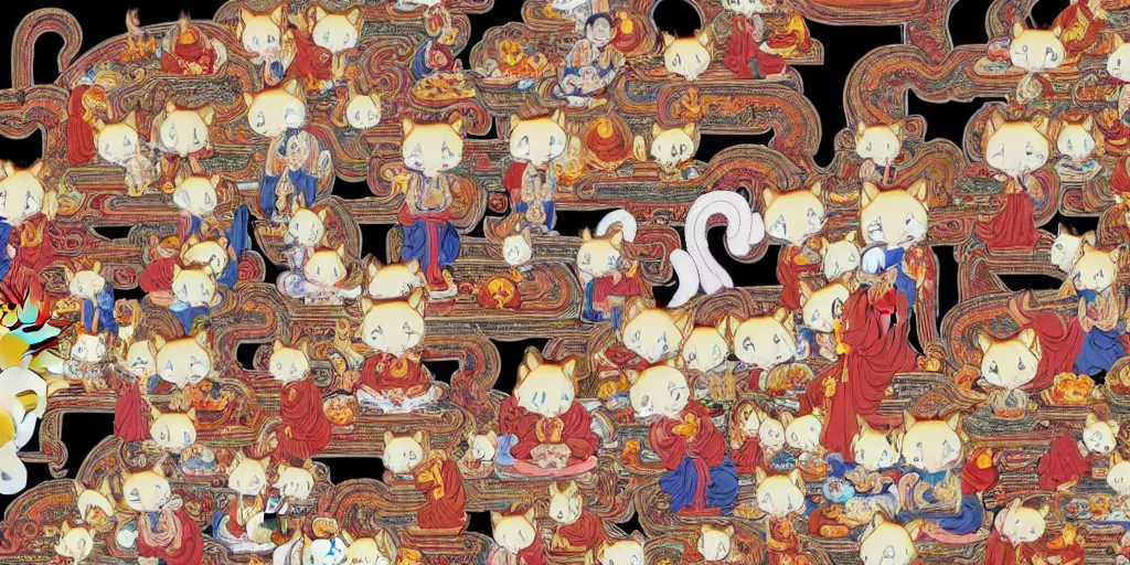 Image similar to 8 k uhd recursive image of praying buddhist cats, by katsuhiro otomo, anime, cartoon